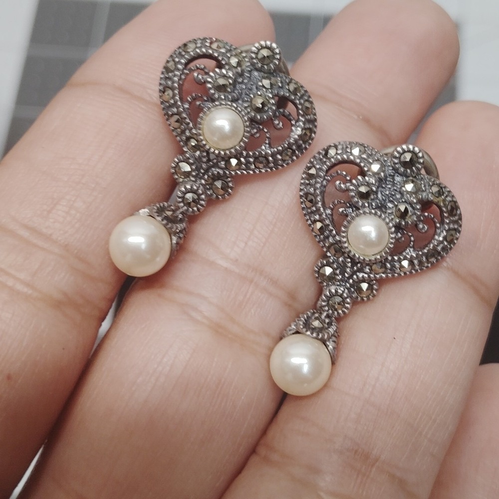 JUDITH JACK 925 Sterling Vintage Real Marcasite & Faux Pearl Oxidized Earrings